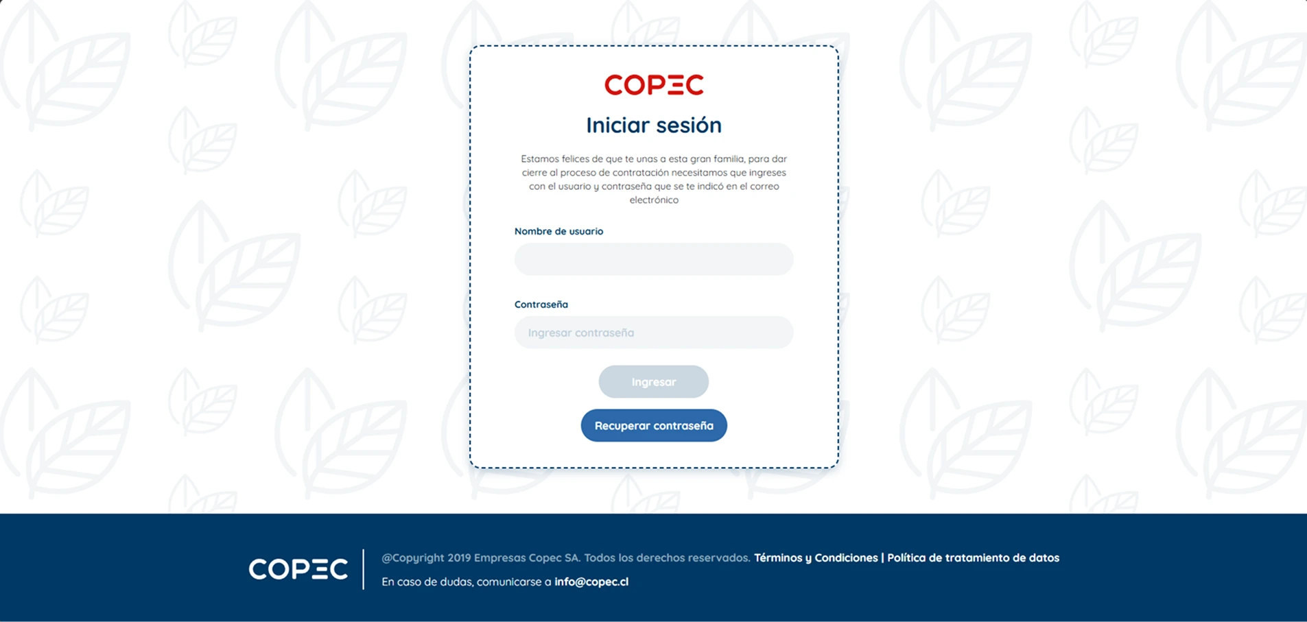 Copec contratación, integración con servicios internos
