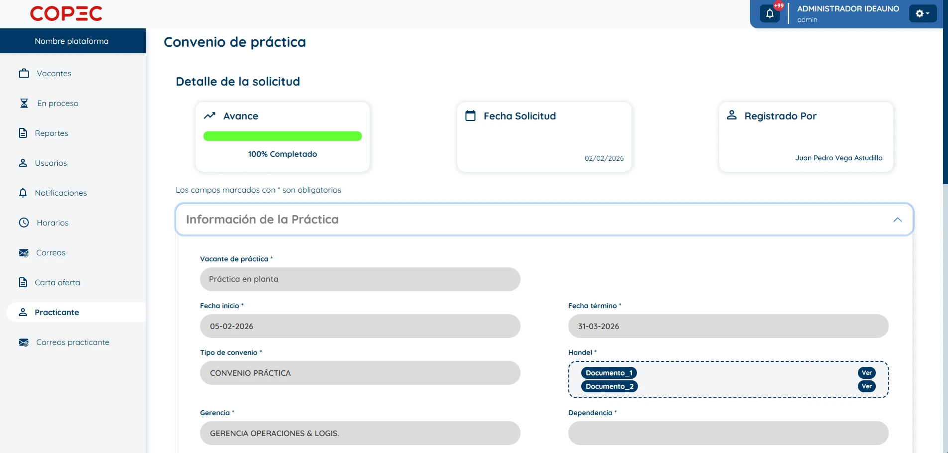 Copec contratación, integración con servicios internos