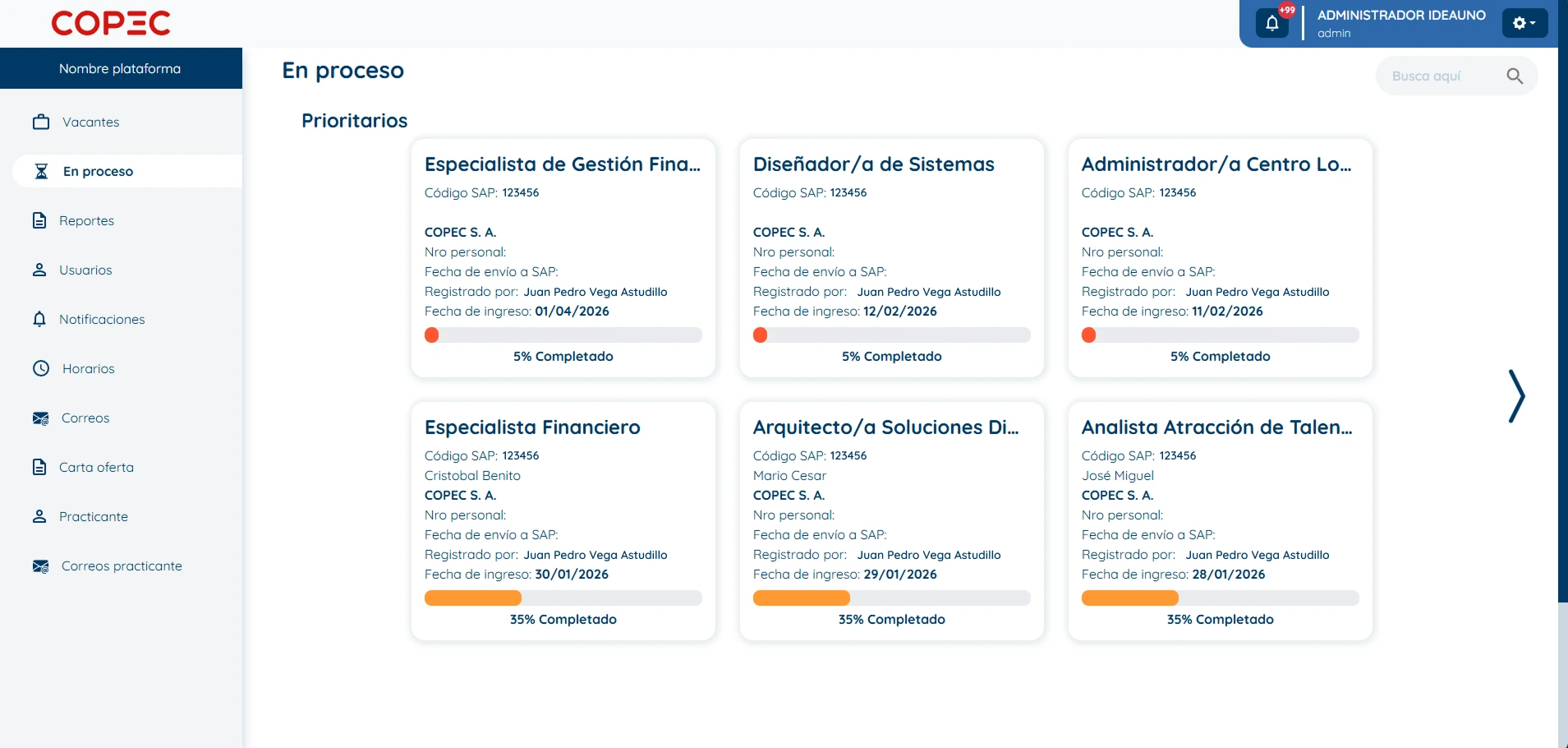 Copec contratación, integración con servicios internos